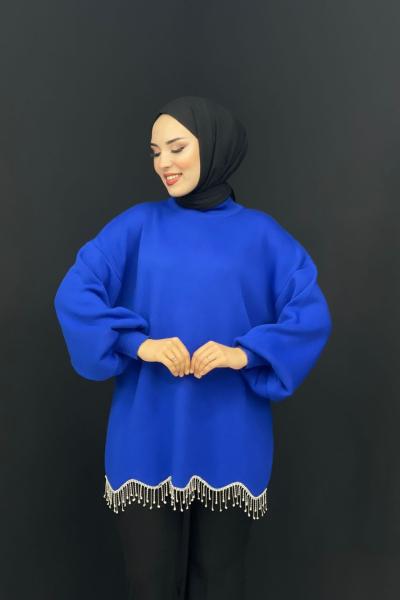 Eteği Taşlı Triko Tunik Saks Mavisi