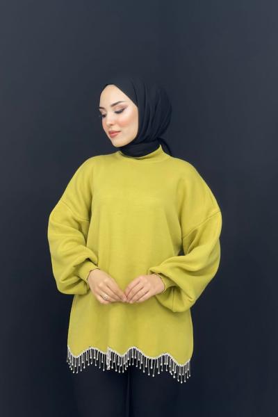 Eteği Taşlı Triko Tunik Yağ Yeşili