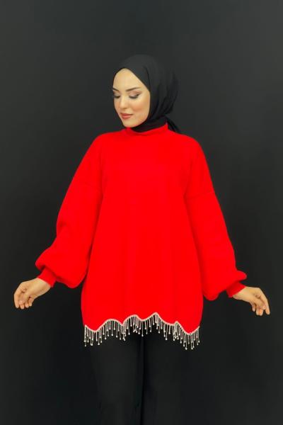 Eteği Taşlı Triko Tunik Nar Çiçeği