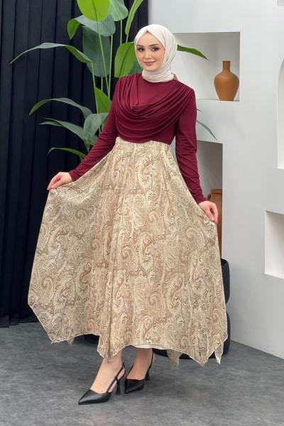 Etnik Desen Şifon Etek Bej