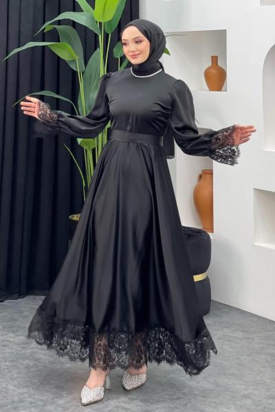 Feride Dantelli Saten Elbise Siyah