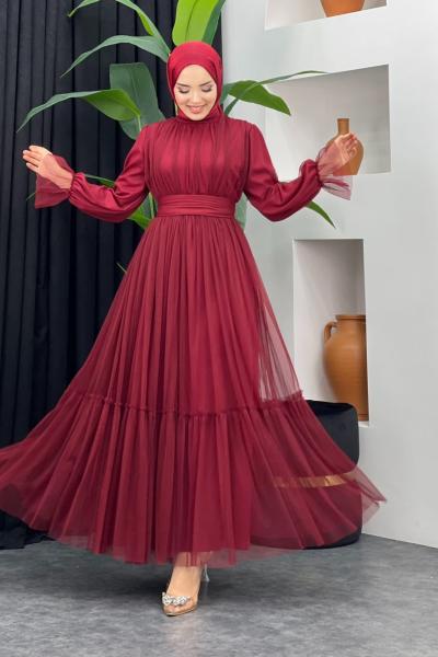 Feriha Tül Elbise Bordo