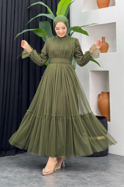 Feriha Tül Elbise Haki Yeşili