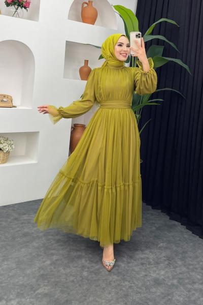 Feriha Tül Elbise Yağ Yeşili