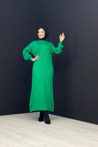 Fermuarlı Triko Elbise Yeşil