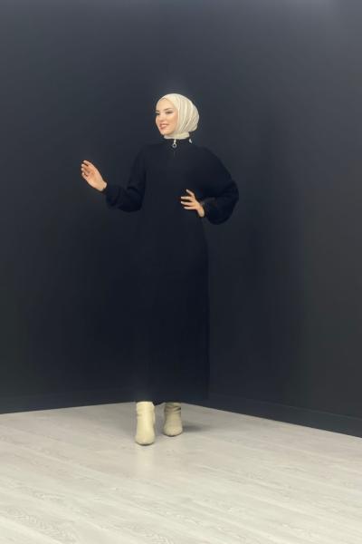 Fermuarlı Triko Elbise Siyah