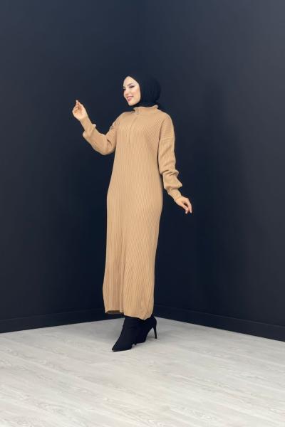 Fermuarlı Triko Elbise Sütlü Kahve