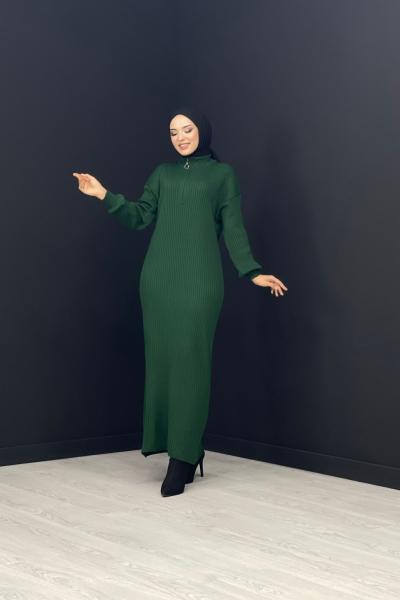Fermuarlı Triko Elbise Zümrüt