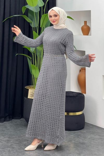 Fileli Elbise Gri