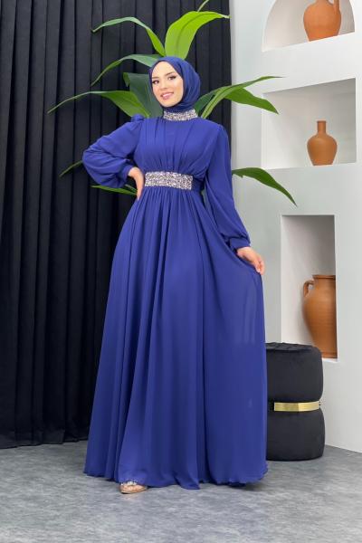 Firdevs Şifon Abiye Saks Mavisi