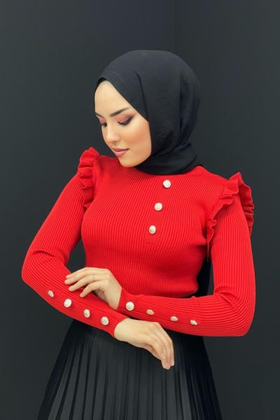 Fırfırlı Düğmeli Triko Kazak Kırmızı
