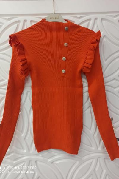 Fırfırlı Düğmeli Triko Kazak Turuncu