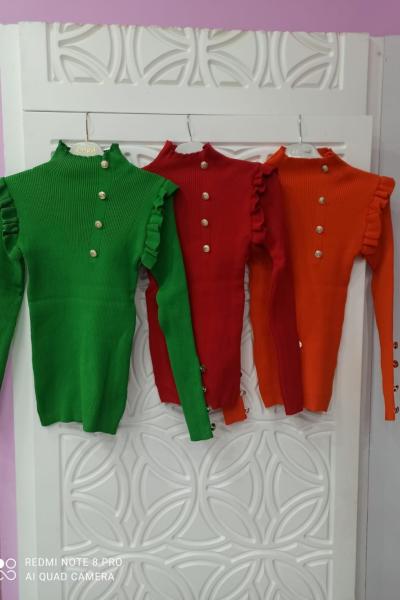 Fırfırlı Düğmeli Triko Kazak Yeşil