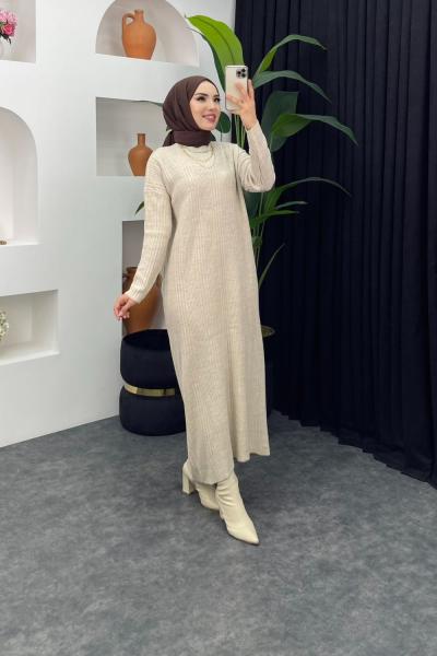 Fitilli Boydan Triko Elbise Taş Rengi