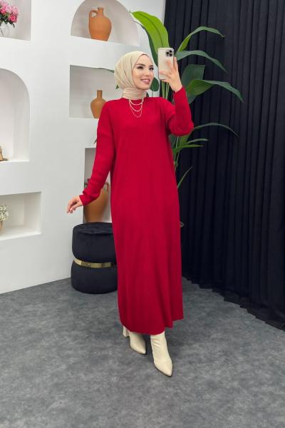 Fitilli Boydan Triko Elbise Kırmızı