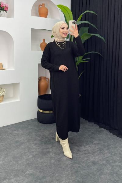 Fitilli Boydan Triko Elbise Siyah