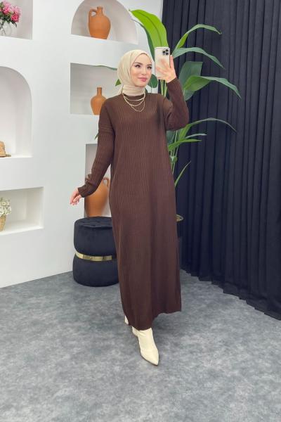 Fitilli Boydan Triko Elbise Kahverengi