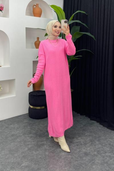 Fitilli Boydan Triko Elbise Pembe