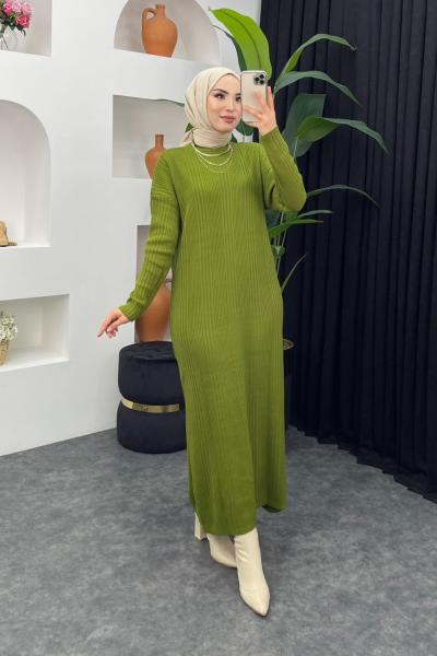 Fitilli Boydan Triko Elbise Fıstık Yeşili