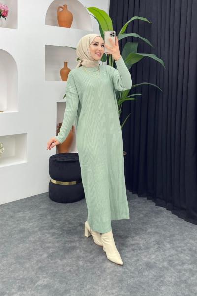 Fitilli Boydan Triko Elbise Su Yeşili