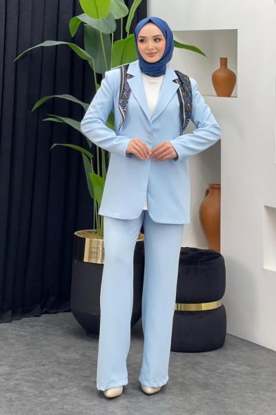 Fularlı Ceket Takım Bebe Mavisi