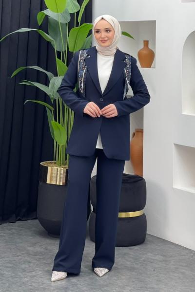 Fularlı Ceket Takım Lacivert