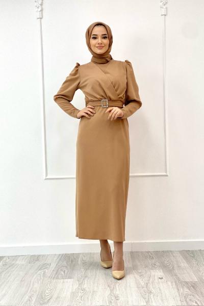 Giza Kemeri Taşlı Kalem Elbise Sütlü Kahve