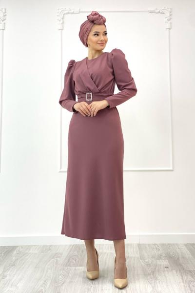 Giza Kemeri Taşlı Kalem Elbise Gül Rengi