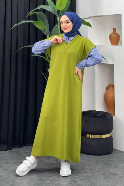 Gömlek Detaylı Triko Elbise Yağ Yeşili