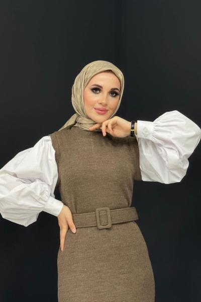 Gömlekli Triko Elbise Acı Kahve