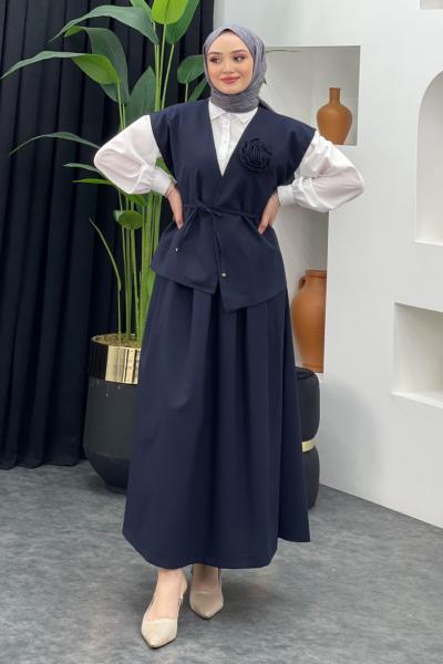 Gül Detaylı Etekli Takım Lacivert