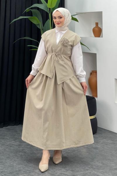 Gül Detaylı Etekli Takım Taş Rengi