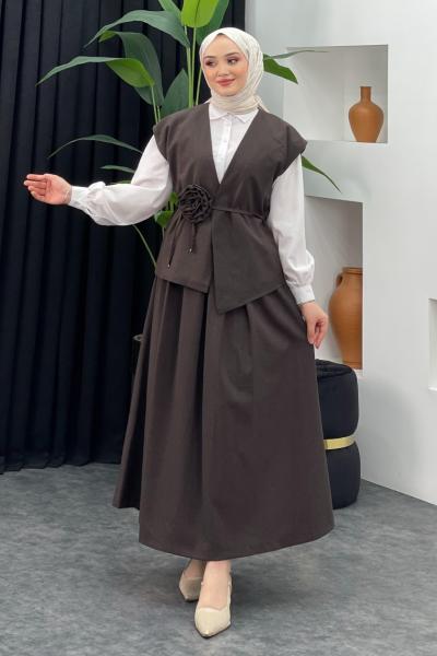 Gül Detaylı Etekli Takım Acı Kahve