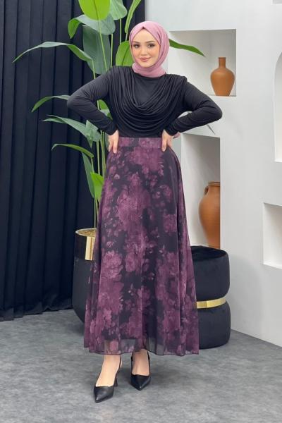 Gül Detaylı Şifon Etek Mor