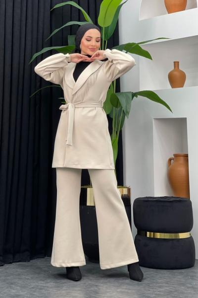 Hale Scuba Pantolonlu Takım Taş Rengi