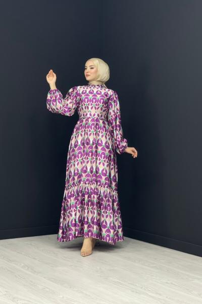 Hilal Saten Elbise Mor