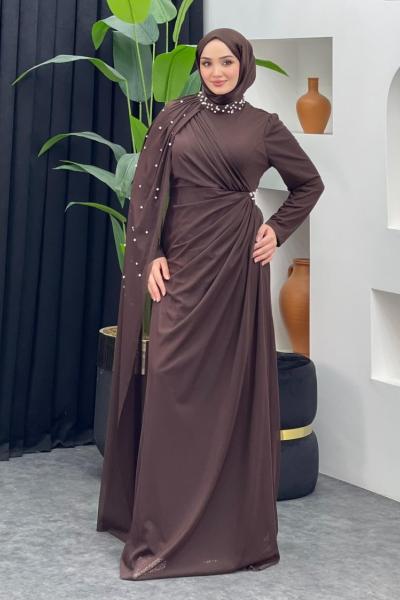 İnci Detaylı Abiye Kahverengi