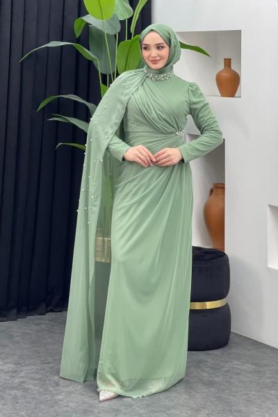 İnci Detaylı Abiye Fıstık Yeşili