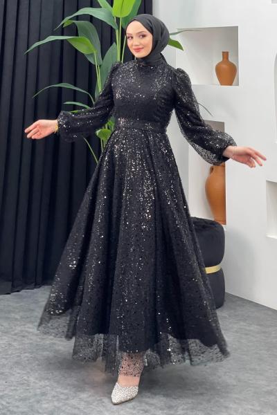 İncili Kabarık Abiye Siyah