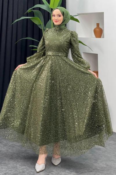 İncili Kabarık Abiye Asker Yeşili