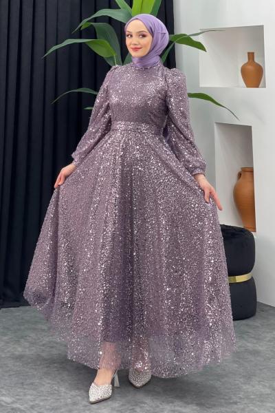 İncili Kabarık Abiye Lila