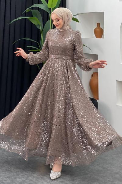 İncili Kabarık Abiye Vizon