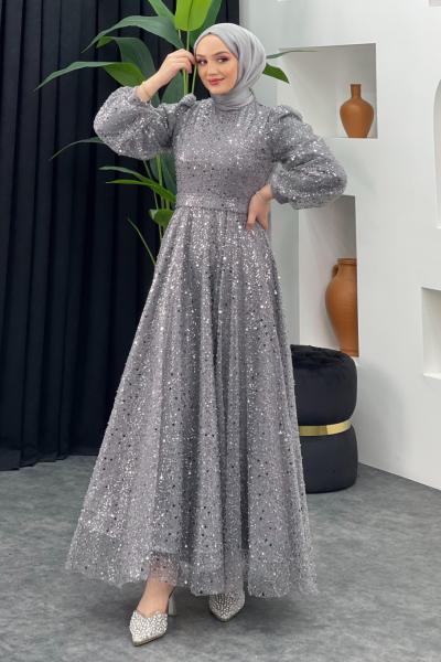 İncili Kabarık Abiye Gri