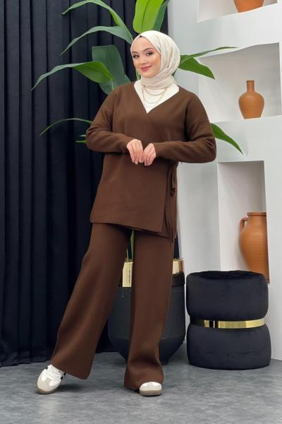 Işıl Triko Pantolonlu Takım Kahverengi