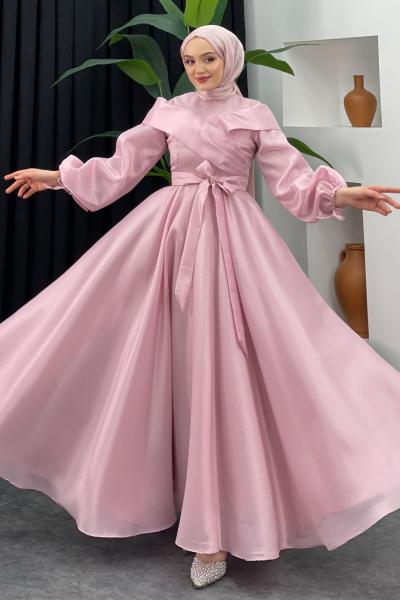 Kabarık Parlak Abiye Pembe