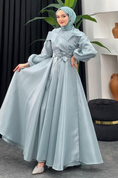 Kabarık Parlak Abiye Su Yeşili