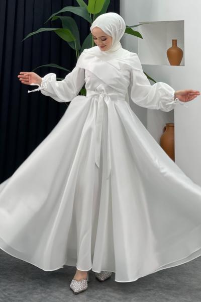 Kabarık Parlak Abiye Beyaz