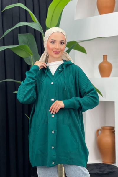 Kapşonlu Triko Hırka Zümrüt