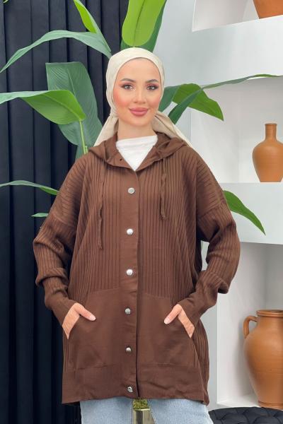 Kapşonlu Triko Hırka Kahverengi