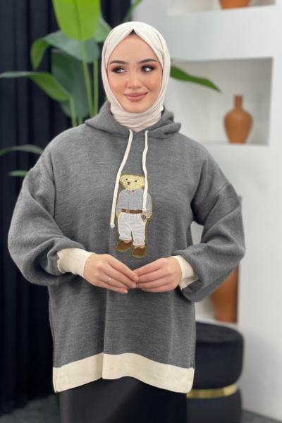 Kapşonlu Ayıcıklı Sweat Gri